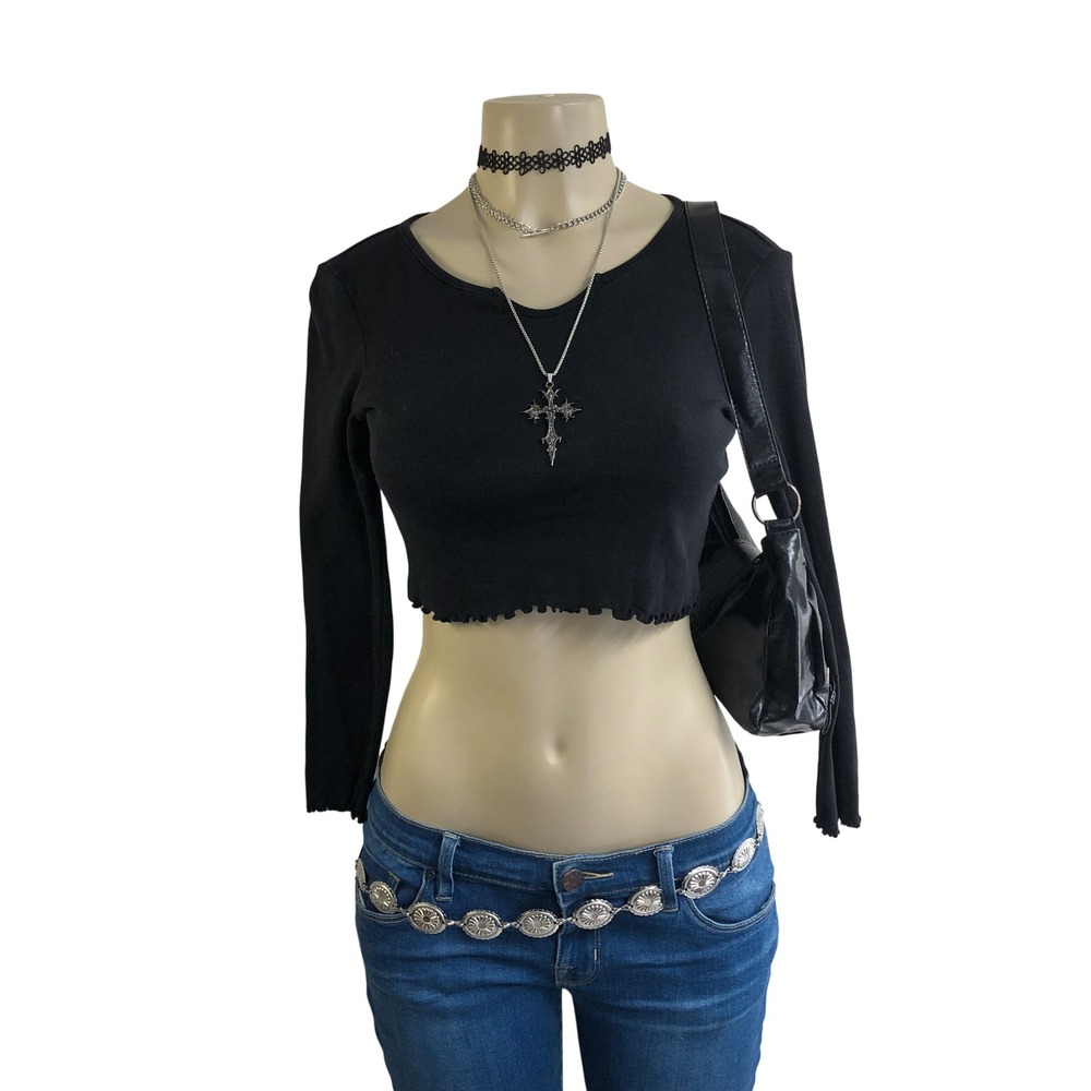 OG Babe Black Ribbed Lettuce Trim Crop Top Long Sleeve Womens M Y2K Goth EGirl